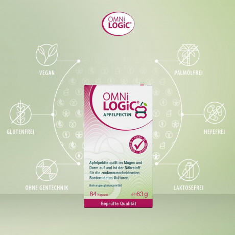OMNi-LOGiC Apfelpektin 84st, Яблочный пектин в капсулах, пребиотик для кишечника, микрофлоры, пищеварения и контроля веса, 84 капсулы