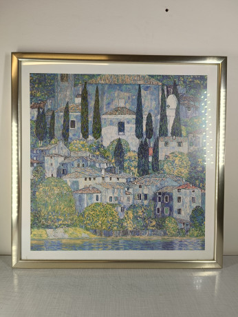 Картина винтажная Гюстав Климт "Церковь в Кассоне", в серебристой раме, 49.5 х 49.5 см, Германия, 1980-90гг.