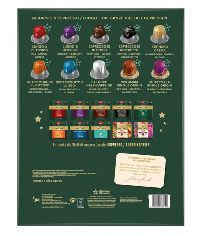 Адвент-календарь Jacobs Capsule 2025, 24 кофейные капсулы Эспрессо/Лунго, совместимые с Nespresso