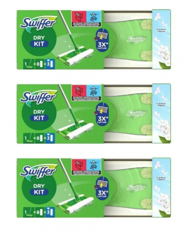 Swiffer wet+dry SET Clean and Fresh 3stk, НАБОР для уборки полов Швабра + cалфетки для швабры сухие 8 шт и влажные 3 шт, с ароматом чистоты и свежести, 3 набора