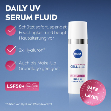 NIVEA Cellular Expert Filler UV Serum Fluid SPF 50+, 30 ml, Нивеа Сыворотка флюид для лица, SPF 50+, гиалурон, защита от фотостарения, 30 мл