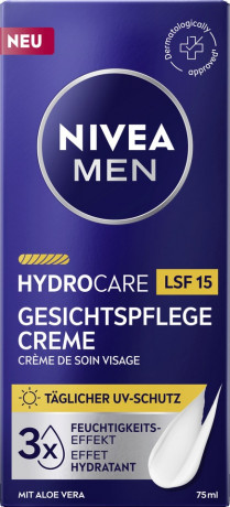 NIVEA MEN HydroCare Gesichtspflege Creme LSF 15, 75 ml, Нивеа Мужской крем для лица, SPF 15, провитамин B5, увлажнение и UV-защита, 75 мл