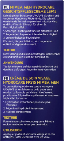 NIVEA MEN HydroCare Gesichtspflege Creme LSF 15, 75 ml, Нивеа Мужской крем для лица, SPF 15, провитамин B5, увлажнение и UV-защита, 75 мл