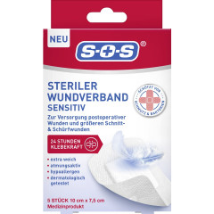 SOS Steriler Wundverband sensitiv, 5 Stuck, SOS Стерильная раневая повязка для чувствительной кожи, гипоаллергенная, 5 шт.