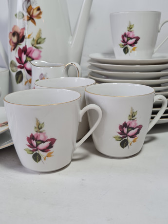 Сервиз кофейный винтажный GKC Bavaria / 74 er с сиреневым цветком, на 6 персон, фарфор, Германия, 1960-70гг.