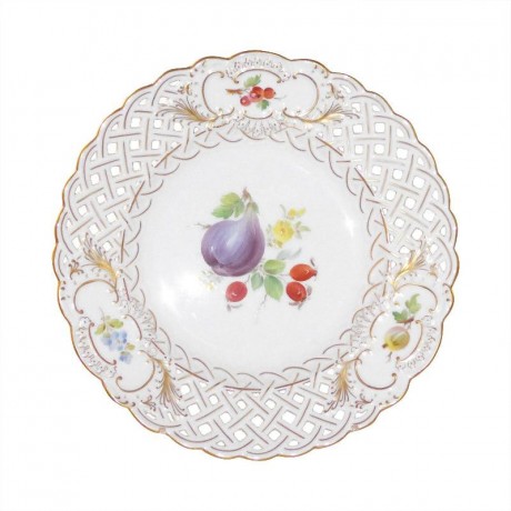 Meissen Meissen  'Neuer Ausschnitt - Fruchtmalerei bunt mit Goldrand' Teller mit Durchbruch 18 cm Мейсен "новый раздел - красочная роспись фруктов с золотым ободком" тарелка с прорывом 18 см