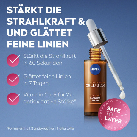 NIVEA Cellular Expert Filler Vitamin C Radiance Serum, 30 ml, Нивеа Сыворотка для лица, витамин C и E, сияние и антиоксидантная защита, 30 мл