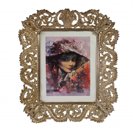Картина винтажная Litho U.S.A. / Vincent "Портрет дамы", золотистая кружевная рамка, 35 x 31 x 5 см, Германия, 1970-1980гг.