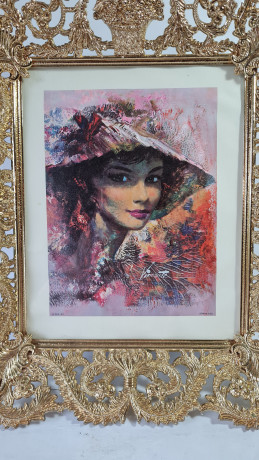 Картина винтажная Litho U.S.A. / Vincent "Портрет дамы", золотистая кружевная рамка, 35 x 31 x 5 см, Германия, 1970-1980гг.