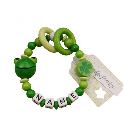 kleinerStorch Greifling mit Name – Madchen Jungen Beissring personalisiert – Holz Rassel Frosch grun Персонализированное кольцо для прорезывания зубов с именем
