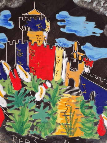 Тарелка декоративная винтажная REP / San Marino на ножках, красочное изображение на черном фоне, необычная форма, керамика, 31 см, Италия, 1970-80гг.