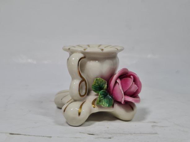 Подсвечник винтажный Gerold&Co Bavaria с розовым цветком и двумя ручками, керамика, 6 см, Германия, 1960-70гг.