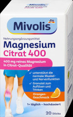 Mivolis Magnesium Citrat 400 Granulat Sticks 20 St, 120 g, Магний-Цитрат в гранулах в стиках для мышц и нервов, с фруктовым апельсиновым вкусом, 20 шт х 6 г (120г)