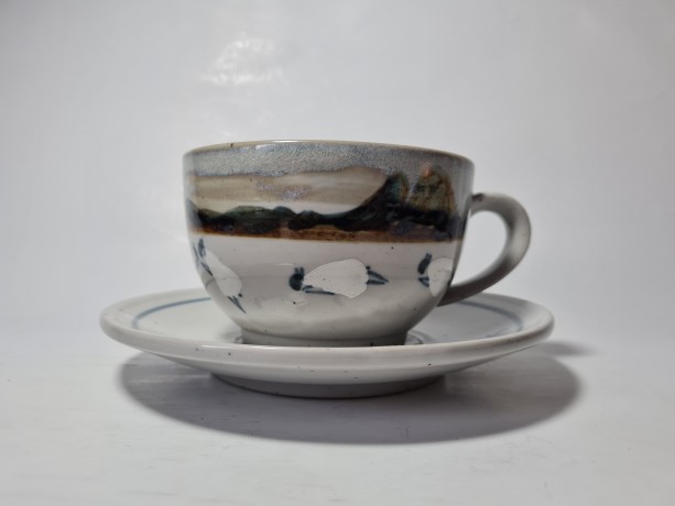 Чайная пара винтажная Mighland Stoneware "Горный пейзаж", ручная роспись, керамика, Шотландия, 1960-70гг.