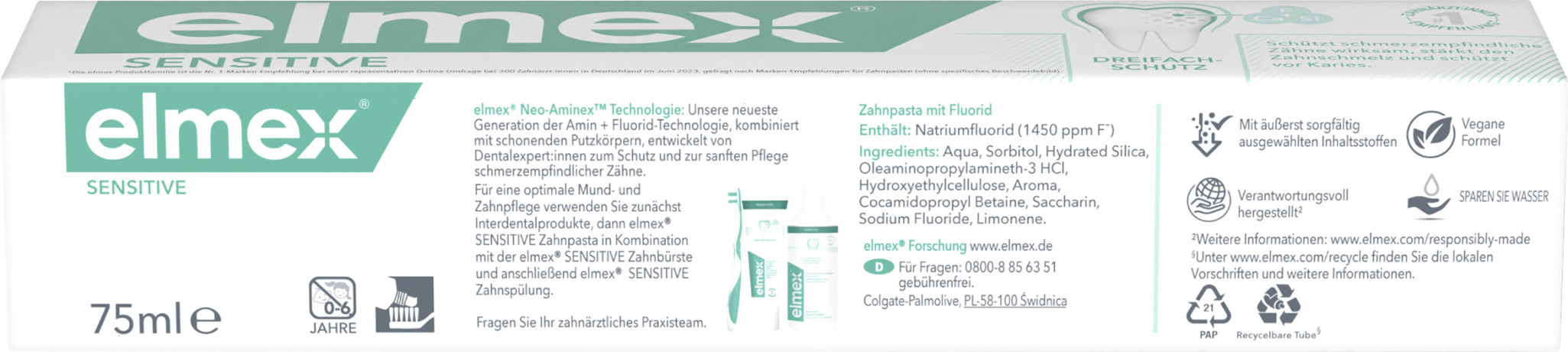 elmex Sensitive Zahnpasta, 75 ml, Зубная паста Sensitive для чувствительных зубов с фторидом, 75 мл
