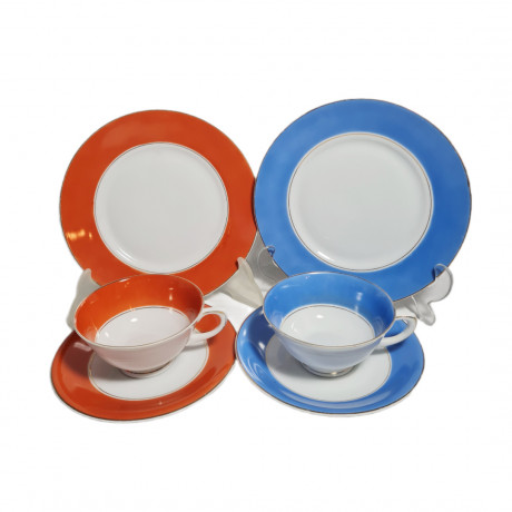 Набор винтажный из 2 чайных трио Ullersricht-Weiden Bavaria в бело-красных, бело-голубых тонах, фарфор, Германия, 1960-70гг.