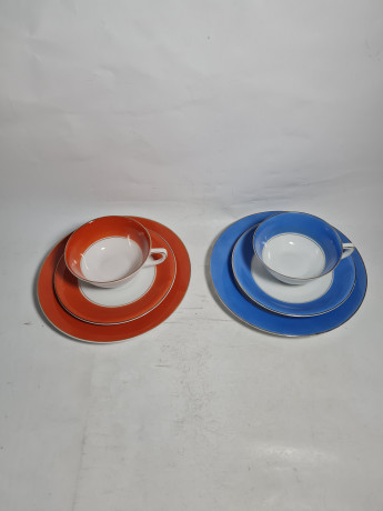 Набор винтажный из 2 чайных трио Ullersricht-Weiden Bavaria в бело-красных, бело-голубых тонах, фарфор, Германия, 1960-70гг.