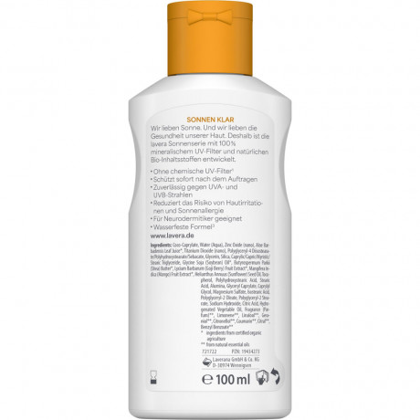 LAVERA Sonnenlotion Sensitiv LSF 30, 100 ml, Лавера Солнцезащитное средство SPF 30 для защиты от солнца, витамин E и био-масло ши, 100 мл