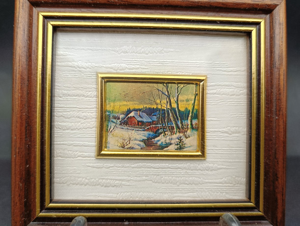 Литография винтажная "Зимний домик у реки", в позолоч.раме, 10 х 9.5 см, Германия, 1970-80гг.