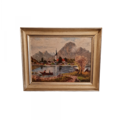 Картина винтажная A.Dihlmann &quot;Городок на озере&quot;, в деревянной раме, 49,5 x 40 см, Германия, 1960-1970гг.