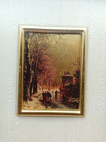 Литография винтажная "Зимняя улочка", в позолоч.раме, 9.5 х 10 см, Германия, 1970-80гг.