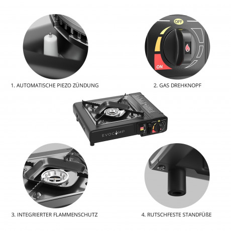 EVOCAMP EVOCAMP Gaskocher 1-flammig Piezozundung mit 4x 227g Gaskartuschen mit Tragekoffer 1-flammiger Gaskocher Газовая плита EVOCAMP, 1 пламя, пьезоподжиг, 4 газовых баллончика по 227 г, с футляром для переноски.