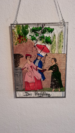 Картина винтажная "Три женщины", витраж в металлической раме с оловянной цепью, 29,5 x 21 см, Германия, 1960-1970гг.