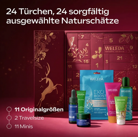 WELEDA Naturkosmetik Adventskalender 2026, 24 Pflege-Ueberraschungen, WELEDA Адвент-календарь 2026 с натуральной косметикой для ухода за лицом, телом и волосами, 24 сюрприза