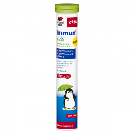 Doppelherz Immun Kids Brausetabletten, 15 Brausetabletten, 93 g, Витамины C 20 мг и D3 400 МЕ для иммунитета и роста костей у детей от 4 лет, шипучие таблетки со вкусом клубники, 15 шт., 93 г