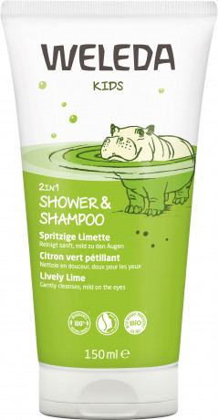 WELEDA KIDS 2in1 Shower & Shampoo Spritzige Limette, 150 ml, Детский гель для душа и шампунь 2 в 1 с лаймом и лимоном, с 3 лет, 150 мл
