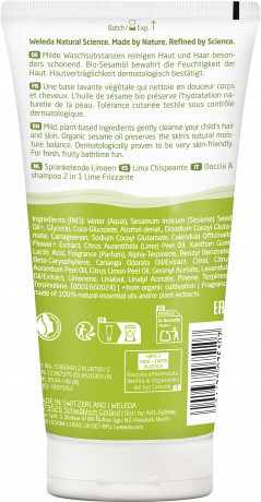 WELEDA KIDS 2in1 Shower & Shampoo Spritzige Limette, 150 ml, Детский гель для душа и шампунь 2 в 1 с лаймом и лимоном, с 3 лет, 150 мл