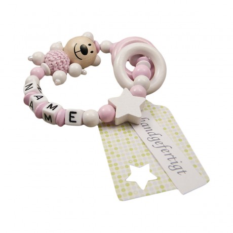 kleinerStorch Greifling mit Name – Madchen Beissring personalisiert – Holz Rassel Bar  Stern weiss Игрушка-клатч с именем