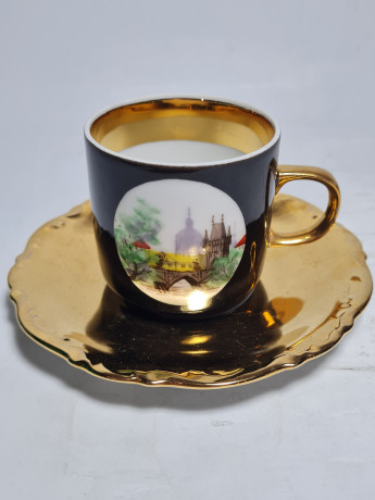 Кофейная пара винтажная Prama "Вид на Эринер", черный / золото, фарфор, Германия, 1970-80гг.