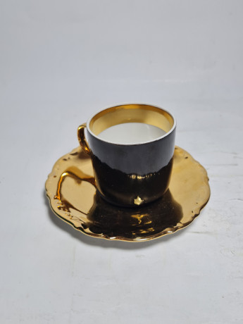 Кофейная пара винтажная Prama "Вид на Эринер", черный / золото, фарфор, Германия, 1970-80гг.