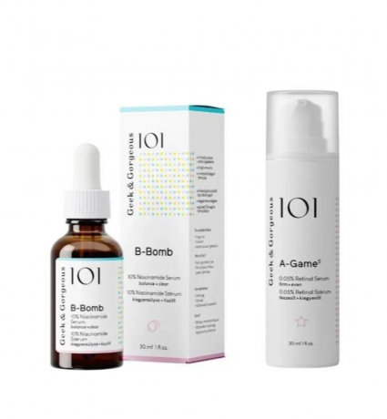 Geek & Gorgeous SET B-Bomb Serum 30ml + A-Game 5 0,05% 30ml, Сыворотка для лица для женщин (Венгрия), B-Bomb ниацинамид 10% и A-Game 5 ретиналь 0,05% против несовершенств и морщин