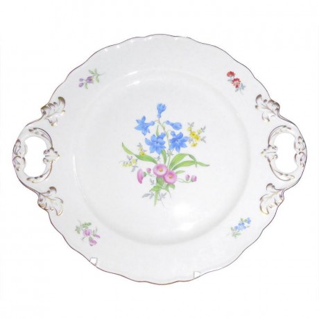 Meissen Meissen  'Neuer Ausschnitt - Blume 3 mitte bunt mit Goldrand' Platte mit 2 Henkeln 30 cm Мейсен "новая огранка - цветок 3 центр разноцветный с золотым ободком" тарелка с 2 ручками 30 см