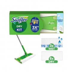Swiffer wet+dry SET Clean and Fresh 2stk, НАБОР для уборки полов Швабра + cалфетки для швабры сухие 8 шт и влажные 3 шт, с ароматом чистоты и свежести, 2 набора