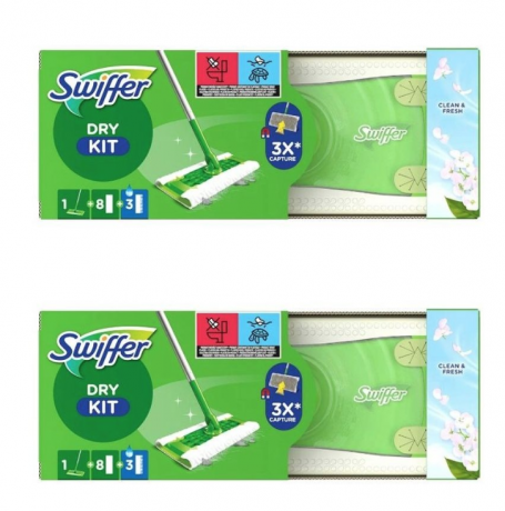 Swiffer wet+dry SET Clean and Fresh 2stk, НАБОР для уборки полов Швабра + cалфетки для швабры сухие 8 шт и влажные 3 шт, с ароматом чистоты и свежести, 2 набора 