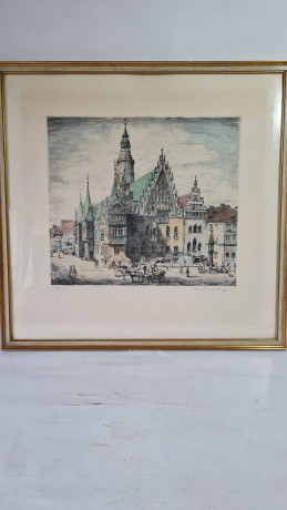 Картина винтажная "Ратуша Вроцлава", в деревянной раме, 37,5 x 37 см, Германия, 1960-1970гг.