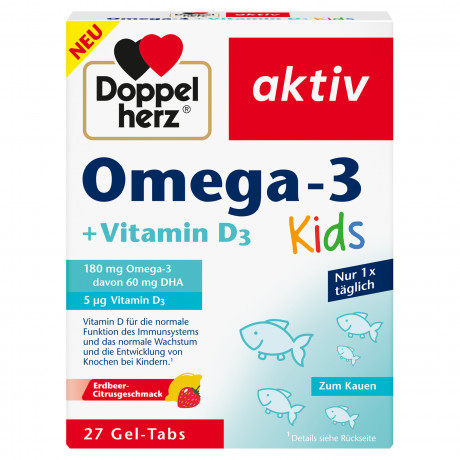 Doppelherz aktiv Omega-3 + Vitamin D3 Kids, 27 Weichtabletten, 35,1 g, Омега-3 180 мг с DHA 60 мг и витамином D3 для иммунитета и роста костей у детей от 4 лет, жевательные таблетки со вкусом клубники и цитрусов, 27 шт., 35,1 г
