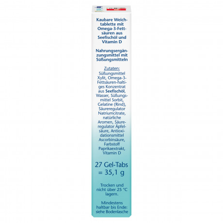 Doppelherz aktiv Omega-3 + Vitamin D3 Kids, 27 Weichtabletten, 35,1 g, Омега-3 180 мг с DHA 60 мг и витамином D3 для иммунитета и роста костей у детей от 4 лет, жевательные таблетки со вкусом клубники и цитрусов, 27 шт., 35,1 г