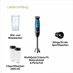 Braun Braun Stabmixer MQ 5252 BKBL MultiQuick 5 Vario, 1000 W, mit Smoothie2Go Funktion und EasyClick System, Schwarz/Blau  Погружной блендер Braun MQ 5252 BKBL MultiQuick 5 Vario, 1000 Вт, с функцией Smoothie2Go и системой EasyClick, черный/синий