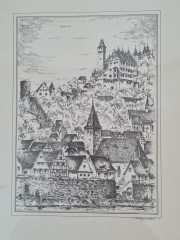 Картина винтажная в черно-белых тонах &quot;г. Хиршхорн&quot; O.W.Pfilze, 31 x 41 см, Германия, 1960-70гг.