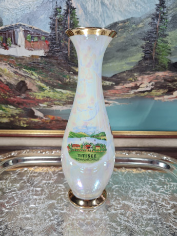 Ваза винтажная Im Stil PM / Echt Gold "Озеро Титизе в Шварцвальде", 24К золото, фарфор, 24 см, Германия, 1960-70гг.