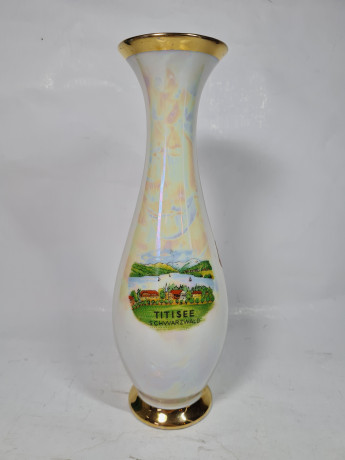 Ваза винтажная Im Stil PM / Echt Gold "Озеро Титизе в Шварцвальде", 24К золото, фарфор, 24 см, Германия, 1960-70гг.