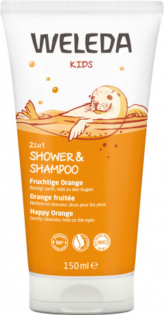 WELEDA Kids 2in1 Shower & Shampoo Fruchtige Orange, 150 ml, Детский гель для душа и шампунь 2 в 1 с апельсином и ванилью, с 3 лет, 150 мл