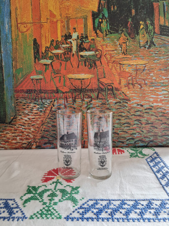 Dinkel Acker CD Два стеклянных стакана с черным рисунком и золотой каймой, 2шт х 14см x 5,5см, Германия, 1970-80гг.