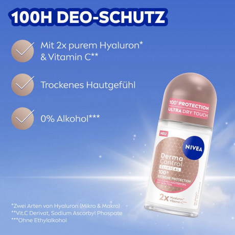 NIVEA Derma Control Clinical Deo Roll-On, 50 ml, Нивеа Дезодорант антиперспирант ролик, 2x гиалурон и витамин C, 100ч защита, 50 мл
