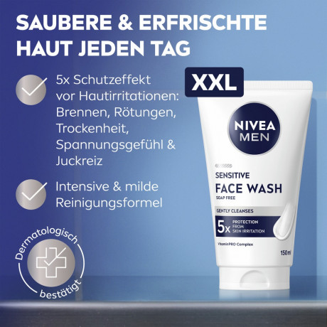 NIVEA MEN Sensitive Face Wash XXL, 150 ml, Нивеа Мужской гель для умывания пантенол, витамин E, экстракт ромашки для чувствительной кожи 150 мл