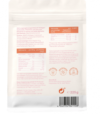 Glow25 Kollagen Plus 225g, Коллагеновый порошок с витамином C, биотином и цинком, 225 г 